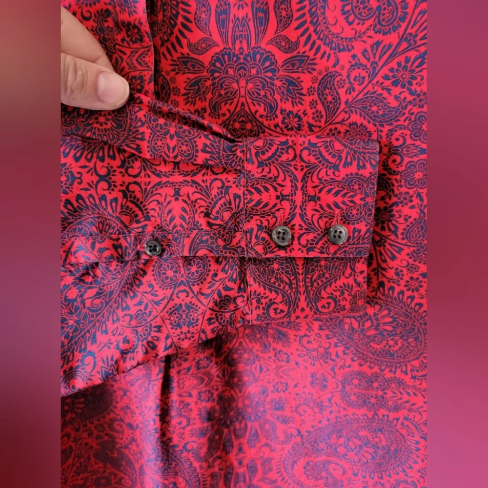 New LANDS' END Red and Blue Paisley Print Cotton Shirt - Picture 3 of 7